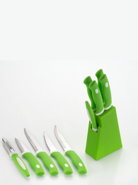 Wyliemart | Kitchenware Knife Set for Kitchen with Stand, Knife Set for Kitchen use, Knife Holder for Kitchen with Knife 5-Pieces Knife Stand (Plastic) + 4 Knife + 1 Peeler (multicolor)-wyliemart.com